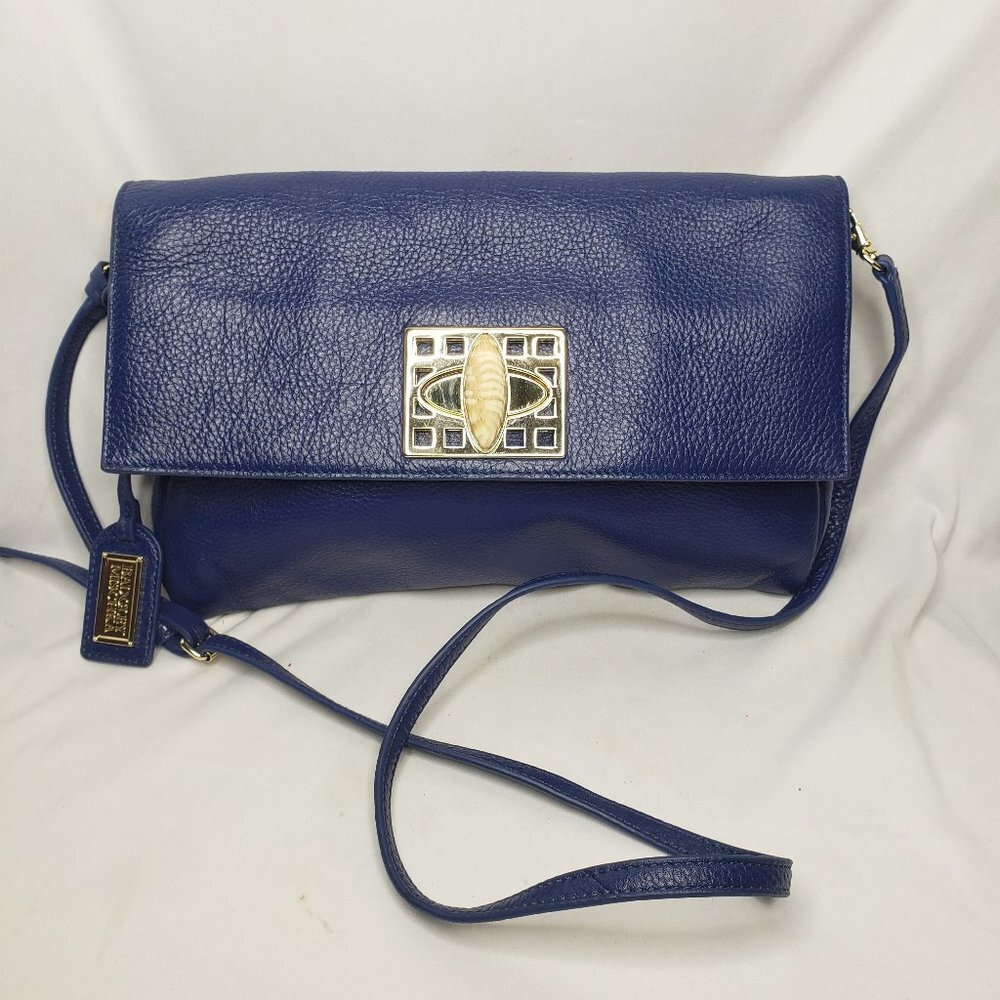 Badgley Mischka Navy Blue Leather Crossbody with Gold Accents
